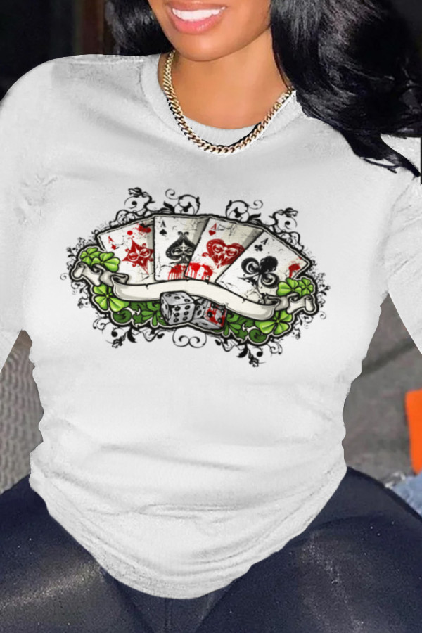 White Casual Street Print Patchwork O Neck Tops