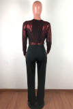 Burgundy Fashion Casual Patchwork Sequins V Neck Regular Jumpsuits