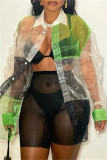 Green Fashion Casual Patchwork See-through Turndown Collar Outerwear
