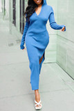 Blue Casual Solid Patchwork Slit Hooded Collar Straight Dresses