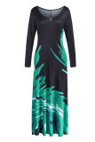 Rose Red Casual Print Patchwork V Neck Long Sleeve Dresses