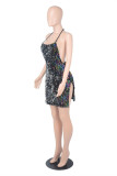Colour Fashion Sexy Patchwork Bandage Sequins Backless Cold Shoulder Sling Dress