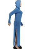 Blue Casual Solid Patchwork Slit Hooded Collar Straight Dresses