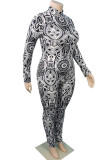 Black And White Casual Print Split Joint Half A Turtleneck Plus Size Jumpsuits (Without Belt)