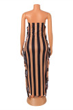 Multicolor Sexy Casual Striped Print Tassel Backless Strapless Long Dress