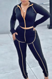 Black Sexy Solid Split Joint Asymmetrical Zipper Long Sleeve Two Pieces