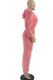 Pink Casual Solid Patchwork Zipper Hooded Collar Long Sleeve Two Pieces