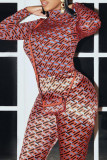Red Fashion Casual Print Basic Turtleneck Long Sleeve Two Pieces