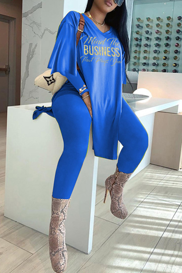 Blue Fashion Casual Letter Print Slit V Neck Long Sleeve Two Pieces