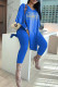Blue Fashion Casual Letter Print Slit V Neck Long Sleeve Two Pieces