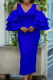 Blue Fashion Solid Hollowed Out Slit V Neck Long Dress