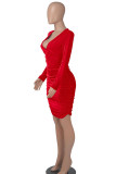 Red Sexy Solid Patchwork Fold V Neck One Step Skirt Dresses