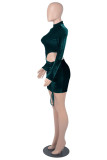 Black Fashion Sexy Solid Hollowed Out Draw String Half A Turtleneck Long Sleeve Dresses