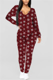 Red Fashion Casual Print Basic V Neck Skinny Jumpsuits
