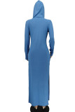 Blue Casual Solid Patchwork Slit Hooded Collar Straight Dresses