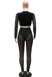 Black Sexy Solid Patchwork See-through O Neck Long Sleeve Two Pieces