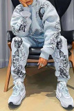 Grey Fashion Casual Print Basic Hooded Collar Long Sleeve Two Pieces