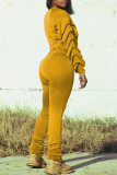Yellow Fashion Casual Solid Fold O Neck Long Sleeve Two Pieces