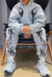 Grey Fashion Casual Print Basic Hooded Collar Long Sleeve Two Pieces