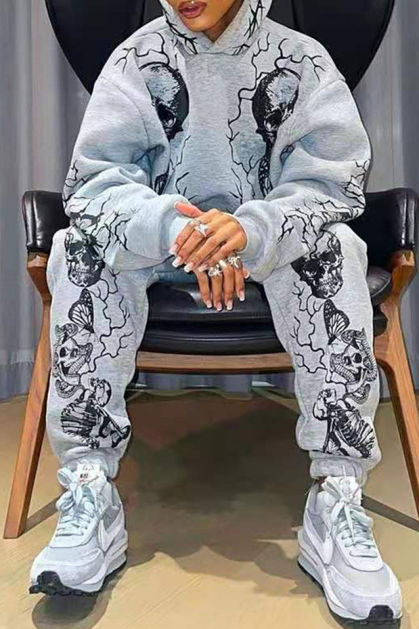 Grey Fashion Casual Print Basic Hooded Collar Long Sleeve Two Pieces
