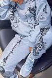 Grey Fashion Casual Print Basic Hooded Collar Long Sleeve Two Pieces