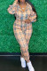 Brown Fashion Casual Plaid Patchwork Hooded Collar Long Sleeve Two Pieces
