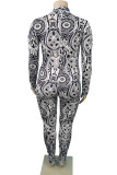Black And White Casual Print Split Joint Half A Turtleneck Plus Size Jumpsuits (Without Belt)