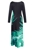 Rose Red Casual Print Patchwork V Neck Long Sleeve Dresses