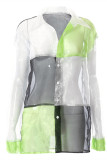 Green Fashion Casual Patchwork See-through Turndown Collar Outerwear