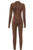 Brown Sexy Solid Split Joint Asymmetrical Zipper Long Sleeve Two Pieces