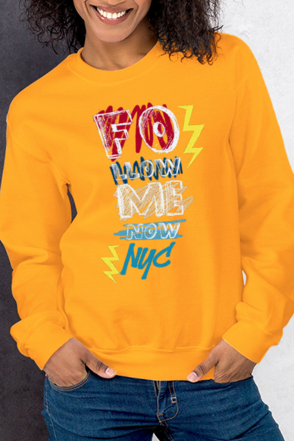 Yellow Fashion Sportswear Print Patchwork Letter O Neck Tops