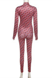 Red Fashion Casual Print Basic Turtleneck Long Sleeve Two Pieces
