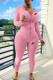 Pink Fashion Sportswear Print Patchwork Hooded Collar Long Sleeve Two Pieces