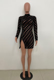 Green Fashion Sexy Solid See-through Turtleneck Zipper Long Sleeve Dresses