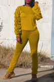 Yellow Fashion Casual Solid Fold O Neck Long Sleeve Two Pieces