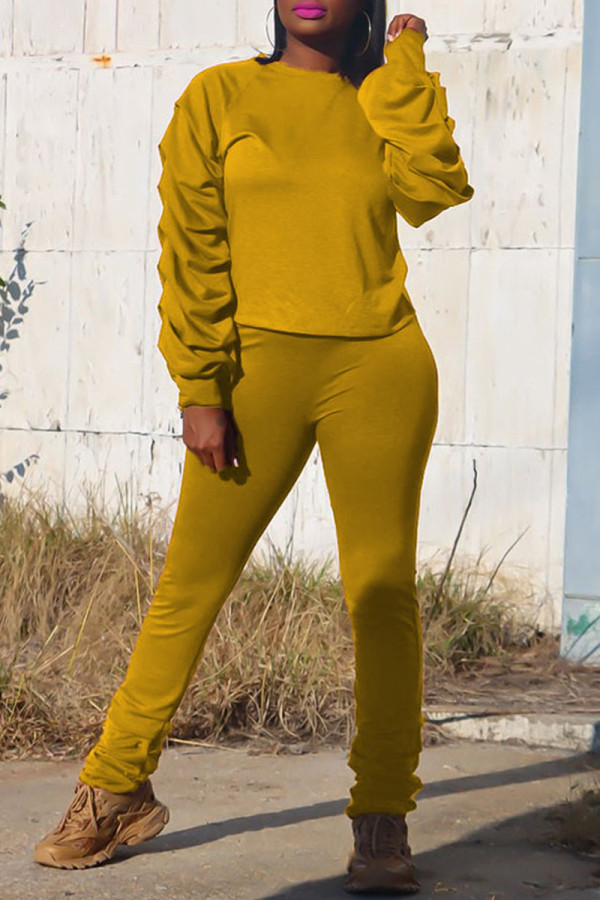 Yellow Fashion Casual Solid Fold O Neck Long Sleeve Two Pieces