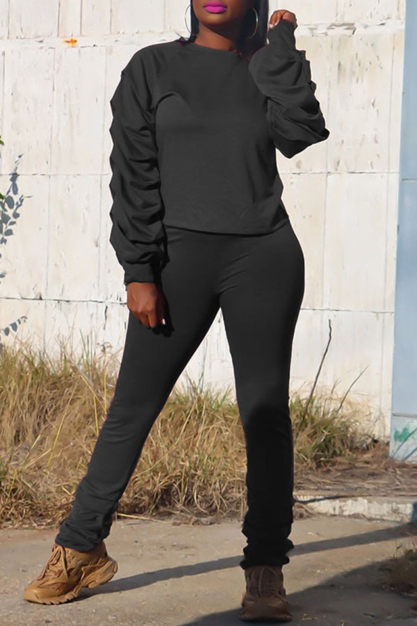 Black Fashion Casual Solid Fold O Neck Long Sleeve Two Pieces