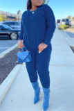 Deep Blue Fashion Casual Solid Basic O Neck Long Sleeve Two Pieces