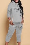 Grey Casual Print Patchwork Hooded Collar Long Sleeve Two Pieces