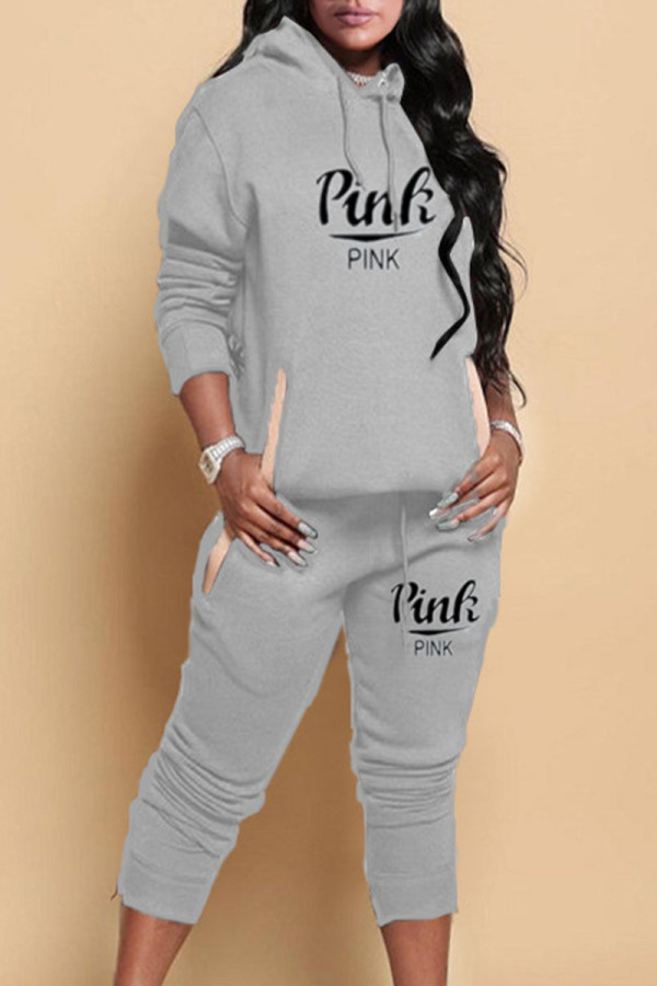 Grey Casual Print Patchwork Hooded Collar Long Sleeve Two Pieces