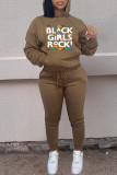 Khaki Fashion Casual Letter Print Basic Hooded Collar Long Sleeve Two Pieces
