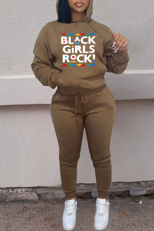 Khaki Fashion Casual Letter Print Basic Hooded Collar Long Sleeve Two Pieces