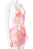 Pink Sexy Print Hollowed Out V Neck Pencil Skirt Dresses