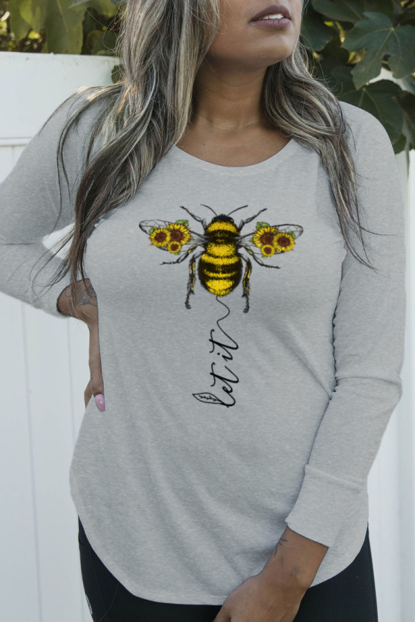 Grey Casual Street Print Patchwork O Neck Tops