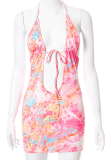 Pink Sexy Print Hollowed Out V Neck Pencil Skirt Dresses