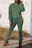 Yellow Fashion Casual Solid Fold O Neck Long Sleeve Two Pieces