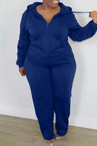 Deep Blue Casual Solid Split Joint Zipper Hooded Collar Plus Size Two Pieces