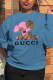 Blue Casual Cute Character Patchwork O Neck Tops