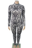 Black And White Casual Print Split Joint Half A Turtleneck Plus Size Jumpsuits (Without Belt)