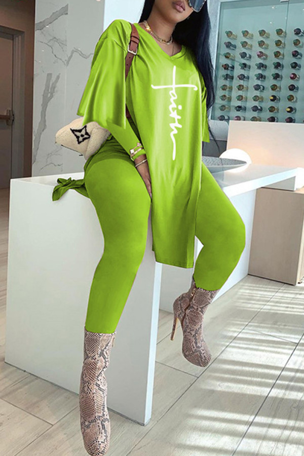 Fluorescent Color Fashion Casual Print Slit V Neck Long Sleeve Two Pieces